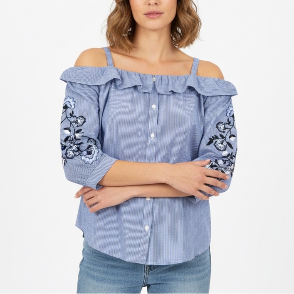 Ann Taylor Loft Blue Striped Off-Shoulder Top with Floral Embroidery